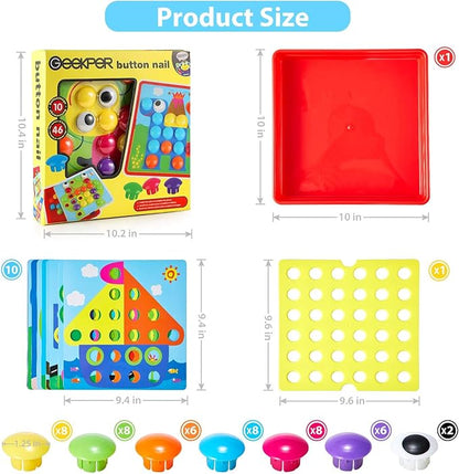 Geekper 68PCS Button Art Toys for Toddlers Color Matching Mosaic Pegboard, Early Learning Educational Toys for 3, 4, 5, 6 Year Old Kids Boys and Girls, 10 Pictures and 58 Buttons