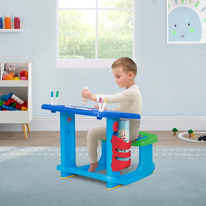 CoComelon Draw and Play Desk by Delta Children – Includes 10 Markers and Coloring Book, Blue