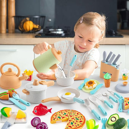 Sundaymot Play Kitchen Accessories Toddler Pretend Cooking Play Pots, with Apron, Toys Pots and Pans, Dishes Cookware Toys, Pre School Learning Educational Toys, Birthday Gifts for Boys and Girls
