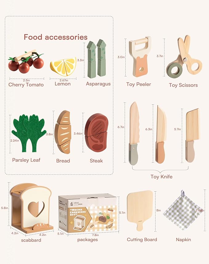 ROBOTIME Play Toy Food for Play Kitchen, Wooden Kids Play Kitchen Knife Set – Kids Kitchen Accessories with Cutting Board, Wooden Fruits, Vegetables, Bread, and Cooking Tools for Toddlers Boys Girls