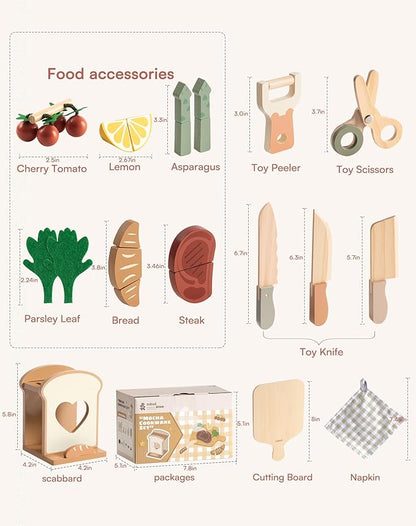 ROBOTIME Play Toy Food for Play Kitchen, Wooden Kids Play Kitchen Knife Set – Kids Kitchen Accessories with Cutting Board, Wooden Fruits, Vegetables, Bread, and Cooking Tools for Toddlers Boys Girls