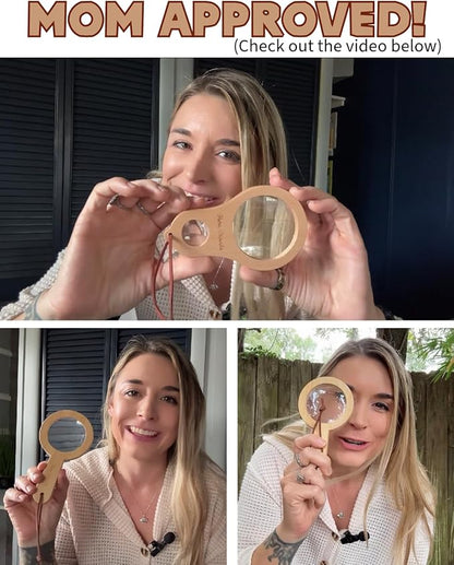 Adventure Set - 2X Wood Magnifying Glass for Kids with 4 Pictures - Wooden Montessori Toy - Learn and Explore