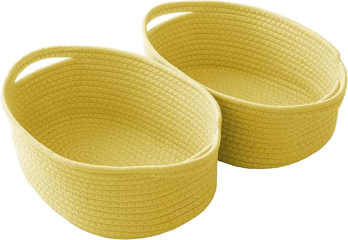 JMvicyroam Woven Basket,Small Rope Storage Bin with Handles & Ribbon Bag, Organizer for Shelves Closets,Gift Basket Empty for Birthday,Books,Dog Toys, Yellow/2 Pack