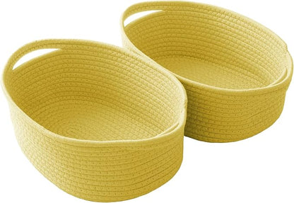 JMvicyroam Woven Basket,Small Rope Storage Bin with Handles & Ribbon Bag, Organizer for Shelves Closets,Gift Basket Empty for Birthday,Books,Dog Toys, Yellow/2 Pack