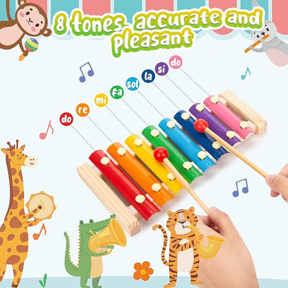 LovesTown Wooden Xylophone Musical Toy, 8 Rainbow Keys, 2 Mallets, Educational Instrument for Toddlers