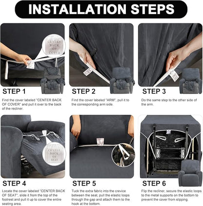 FestiCorp Recliner Chair Covers Real Velvet 4-Pieces Recliner Covers for Small Lazy Boy Recliner Chair Stretch Recliner Sofa Slipcovers Furniture Protector with Side Pocket & Elastic Bottom, Grey