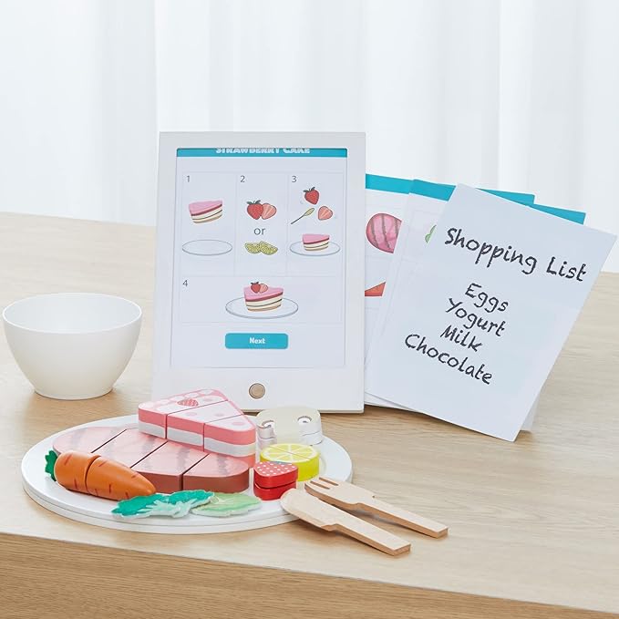 Teamson Kids Little Chef Frankfurt 27 Piece Play Kitchen Tablet with Recipes and Pretend Ingredients and Wooden Food Cutting Set, Multicolor/White , Green