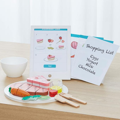 Teamson Kids Little Chef Frankfurt 27 Piece Play Kitchen Tablet with Recipes and Pretend Ingredients and Wooden Food Cutting Set, Multicolor/White , Green