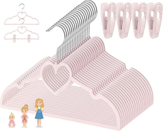 Kids Pink Velvet Clips Hangers - 13inch 50 Pack Baby Hanger with 20pcs Movable Clips, Stackable Non-Slip Heart Flocked Hangers Fit for Children and Toddler, Heavy-Duty and Space-Saving(Silver)