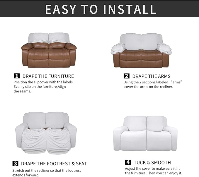 Easy-Going 6 Pieces Microfiber Stretch Sectional Recliner Sofa Slipcover Soft Fitted Fleece 2 Seats Couch Cover Washable Furniture Protector with Elasticity for Kids(Recliner Loveseat, Snow White)