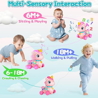 Baby Unicorn Toy 6-12-18 Months with Music & Lights Explore Bilingual Educational For Toddler Sensory Development Learning Walking Moving Crawling Tummy Time Toys Christmas Birthday Gifts for Infants