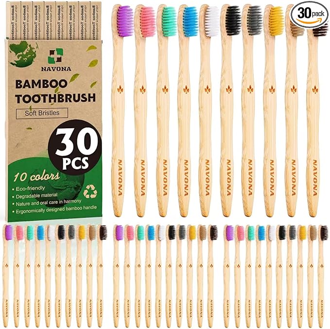 30PCS Biodegradable Bamboo Toothbrushes, BPA Free Soft Toothbrushes for Adults and Kids, Soft Bristles Toothbrushes, Eco-Friendly Natural Wooden Toothbrush Bulk, Box of Two Reusable Travel Toothbrush