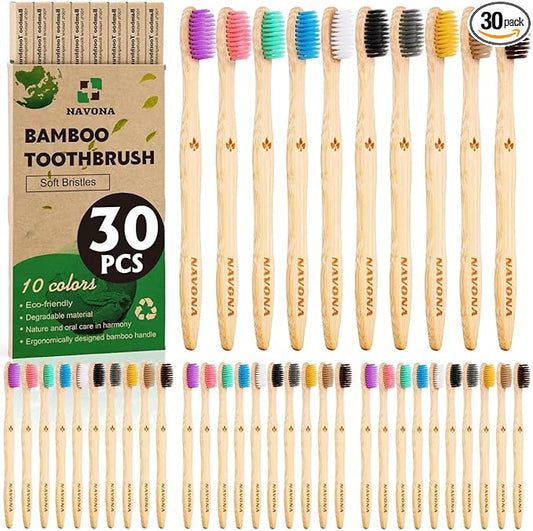 30PCS Biodegradable Bamboo Toothbrushes, BPA Free Soft Toothbrushes for Adults and Kids, Soft Bristles Toothbrushes, Eco-Friendly Natural Wooden Toothbrush Bulk, Box of Two Reusable Travel Toothbrush