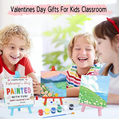 Valentines Day Gifts for Kids - Valentines Day Cards for Kids School - 20 Pack Watercolor Paint Set, Acrylic Paint Canvas Brushes Easel, Stationery Exchange for Boys Girls Class Classroom Party Favor