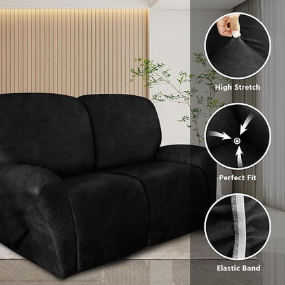 molasofa Loveseat Recliner Slipcover - 6 Pieces Stretch Leather Like Recliner Sofa Cover for 2 Seat Dual Reclining Loveseat Couch Furniture Protector with Elastic Bottom (Black)