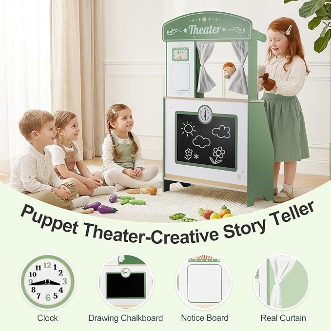 Kids Grocery Store Pretend Play, Puppet Theater&Grocery Store Playset Toy Double-Sided, Toddler Supermarket Toy Cash Register w/Blackboard, Display Shelves, Gift for Boys Girls, Green