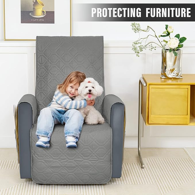 Recliner Chair Covers Sofa Slipcover Non-Slip Chair Couch Cover Machine Washable Furniture Protector with Straps for Dogs (Grey, 30inch Recliner)
