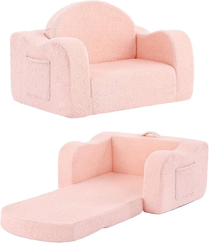 Tiita Kids Chair Couch, Folding Toddler Comfy Sofa Chairs, 2-in-1 Kids Plush Sofa Fold Out, Baby Armrest Chair Sofa to Lounger, Convertible Play Sofas to Bed for Girl or Boy, Pink