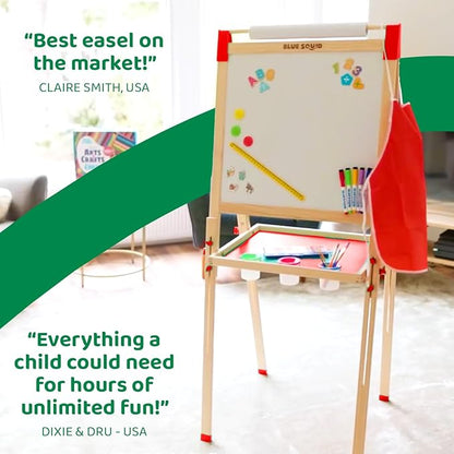 Blue Squid Art Easel for Kids - Dual-Sided Adjustable Wooden Painting Easels, Ideal Christmas Gift for Toddlers and Kid - with Magnetic Chalk Board, White Board & Paper Roll, Includes Accessories