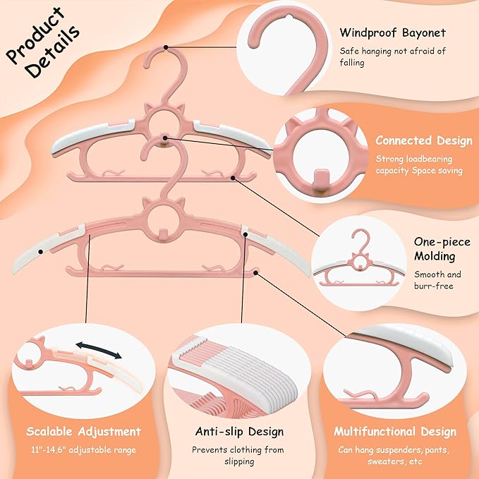 Baby Hangers for Nursery Closet, Infant Hangers Extendable and Non-Slip for Newborn Toddler Kids Clothes,11"-14.6" Adjustable Children Coat Pant Hanger for Girl and Boy Nursery Must Have (40pcs Pink)