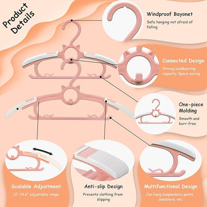 Baby Hangers for Nursery Closet, Infant Hangers Extendable and Non-Slip for Newborn Toddler Kids Clothes,11"-14.6" Adjustable Children Coat Pant Hanger for Girl and Boy Nursery Must Have (40pcs Pink)