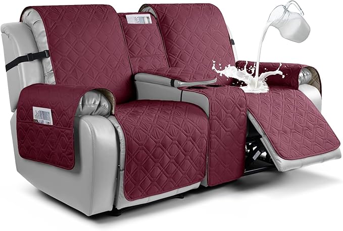 VANSOFY Loveseat Recliner Cover with Console 100% Waterproof Sofa Slipcovers Non-Slip Reclining Couch Cover Split Sofa Covers Furniture Protector for Pets, Dogs(Burgundy1)