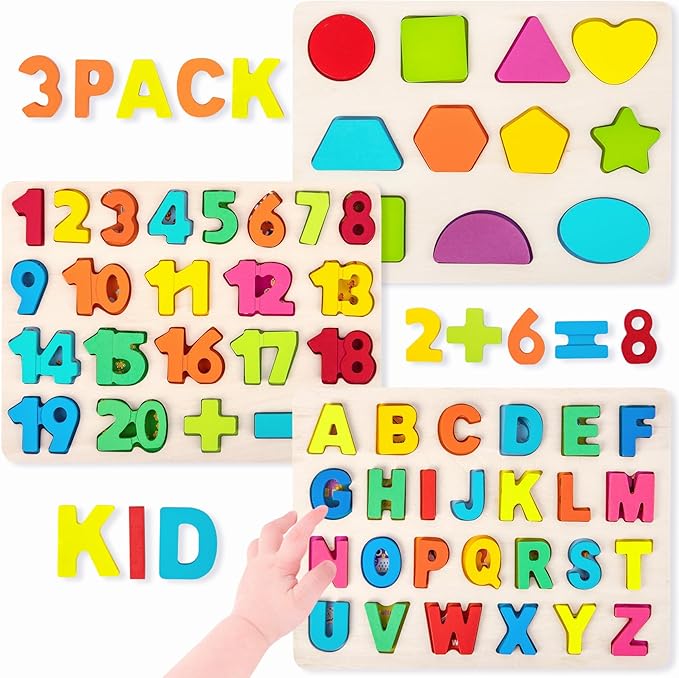 Wooden Puzzles for Toddlers, Alphabet Puzzle and Number Shape Puzzle, 3 in 1 Preschool Educational Learning Toys with Chunky Wood ABC Puzzle Board for 2 3 4 5 Girls Boys Kindergarten Set of 3