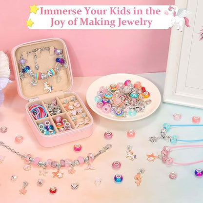 110 Charm Bracelet Making Kit, Jewelry Making Kit for Girls DIY Bead Necklace Kit with Initial Bracelet Box Unicorns Crafts Arts Girls Toys Age 8-12 Birthday Valentines Day Gifts for Kids - C