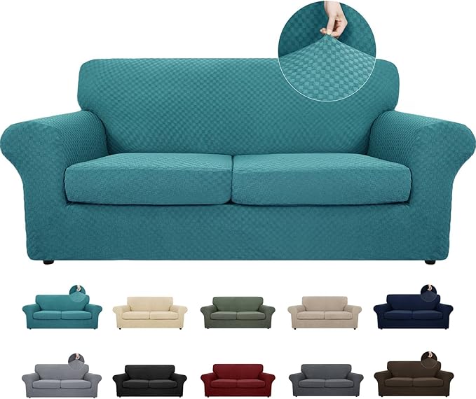 MAXIJIN 3 Piece Stretch Couch Covers for 2 Cushion Couch Sofa Slipcovers with 2 Extra Large Seat Cushion Couch Jacquard Loveseat Sofa Couch Cover for Dogs (2 Cushion Sofa, Peacock Blue)