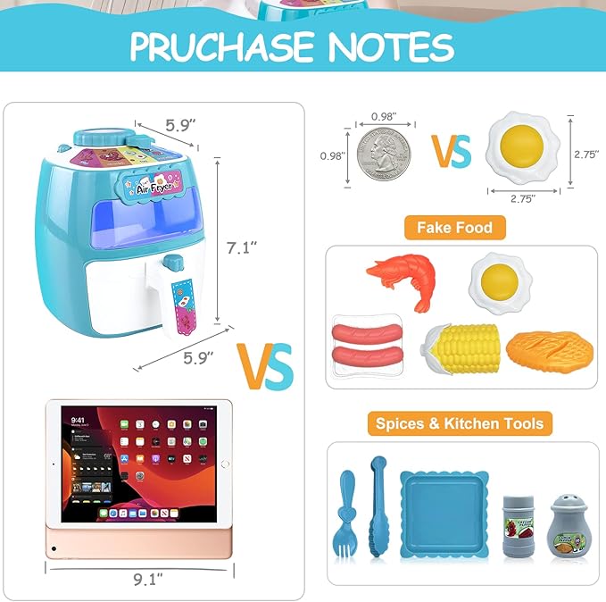 Toy Air Fryer, Play Kitchen Appliances with Music and Light, Pretend Play Food Set for Toddlers, Kids, Kitchen Playset Music & Color Changing Foods, Gift for Boys and Girls 2 3 4 5 Years Old