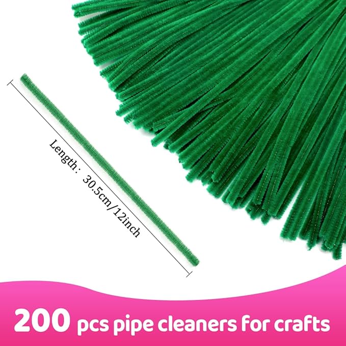 Praisebank Pipe Cleaners for Crafts (200pcs in Christmas Green), 12 inch Long Pipe Cleaners, Christmas Green Pipe Cleaners.