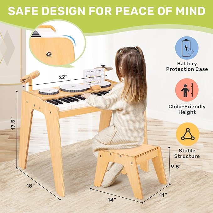 OATHX Kids Piano Keyboard, 37 Keys Digital Piano Toys with Drum Set and Stool, Volume Adjustable, 9 in 1 Musical Instruments for Kids Toddlers Baby Children, Wooden Mini Piano Gifts for Girls Boys 3+
