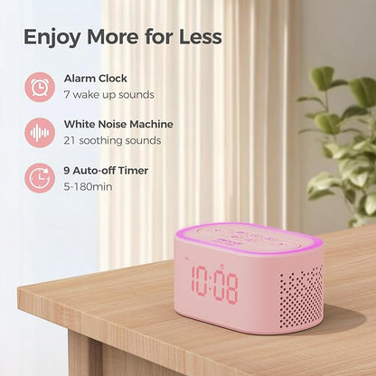Reacher Pink Alarm Clock & Sound Machine for Girls Room, 21 Soothing Sounds, 7 Wake Up Sounds, 8 Night Lights, 32-Level Volume, Auto-Off Timer, Memory Function, Aesthetic Clock for Bedroom, Home