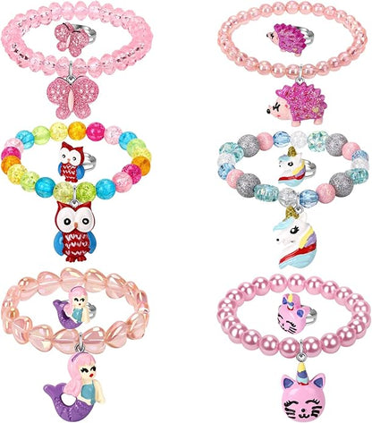 Mermaid Unicorn Bracelet Ring Set Girls Butterfly Bracelets Little Girls Ring Set Toddler Girls Jewerly Bracelets and Rings for Birthday Party Favors-12Pcs