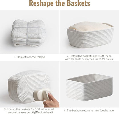 5 Pack White Small Woven Storage Baskets for Shelves, Cotton Rope Baskets Organizer for Bathroom, Closet & Nursery, Decorative Storage Bins for Organizing Socks, Toys, 11.8"x7.9"x4.7"