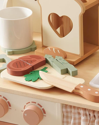 ROBOTIME Play Toy Food for Play Kitchen, Wooden Kids Play Kitchen Knife Set – Kids Kitchen Accessories with Cutting Board, Wooden Fruits, Vegetables, Bread, and Cooking Tools for Toddlers Boys Girls