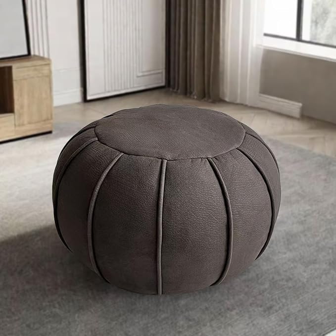 Dayer Unstuffed Pouf Cover Eco-Friendly Fabric Pouf Ottoman Floor Chair Round Foot Rest Extra Stool Seating Poufs for Living Room Home Decor House Warming Gift (Dark Brown)