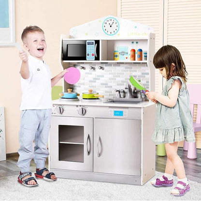 Costzon Kids Kitchen Playset, Wooden Pretend Chef Cooking Toy Kitchen with Realistic Sound, Microwave, Sink, Cookware Accessories, Play Kitchen for Toddlers, Boys, Girls, Gift for Ages 3+
