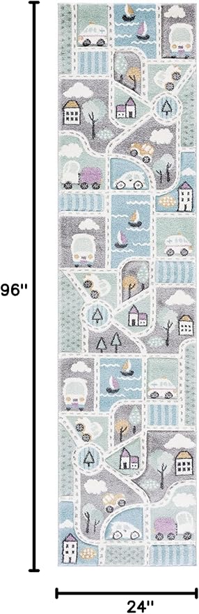 SAFAVIEH Carousel Kids Collection Runner Rug - 2' x 8', Grey & Light Blue, Non-Shedding & Easy Care, Ideal for High Traffic Areas for Boys & Girls in Playroom, Nursery, Bedroom (CRK193F)