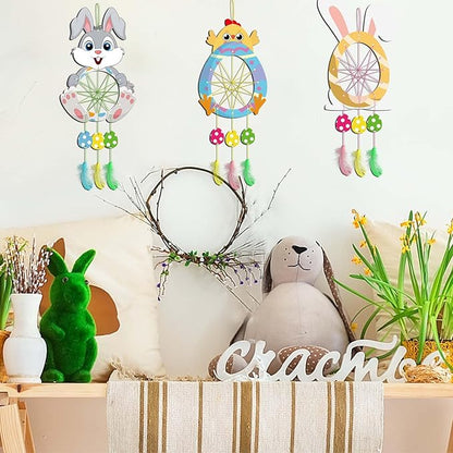 Fennoral 5 Pack Easter Dream Catcher Craft Kit for Kids Paint You Own Bunny Chick Dream Catcher Ornament DIY Coloring Wooden Easter Art and Craft for Art Activity Project Easter Decoration