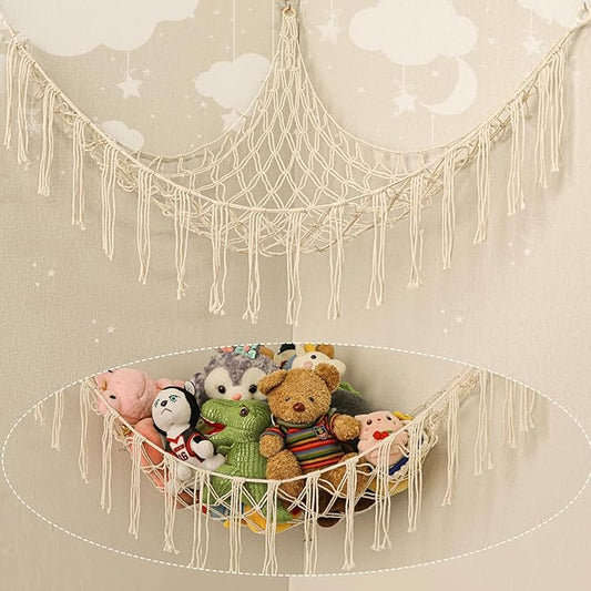 Boho Stuffed Animals Net or Hammock Large,55 inch Toy Hammock Macrame Stuff Animal Storage Corner Hanging Net Holder,Mesh Hammock Plush Toy Organizer with Hooks for Bedroom,Nursery (White)