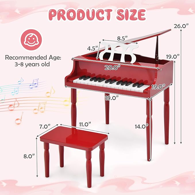Goplus 30-Key Classical Kids Piano, Mini Grand Piano Wooden Learn-to-Play Musical Instrument Toy with Bench, Piano Lid, Music Rack, Gift for Boys Girls Aged 2+ Baby Toddler (4 Straight Leg-Red)