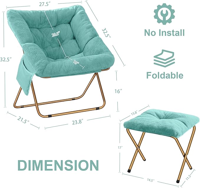 Comfy Saucer Chair, Foldable Living Room Chairs, Soft Faux Fur Lounge Chair for Bedroom, Reading Chairs for Adults, Kids, X-Large (Mint)