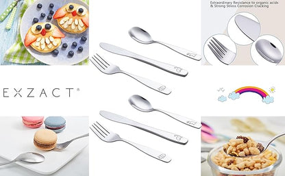 Exzact Kids Flatware 6 Pieces Stainless Steel Children Silverware 2 x Forks, 2 x Knives, 2 x Spoons,Toddler Utensils, Dishwasher Safe, 24 Months+ (Dinosaurs Engraved)