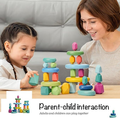 OESSUF Stacking Rocks 26Pcs Stacking Blocks Balancing Stacking Stones Wooden Building Toys Wood Stone Stacking Game for Toddler Sorting Preschool Educational Montessori Stacking Rocks for Kids