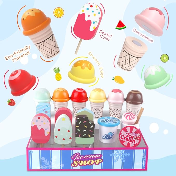 Wooden Ice Cream Toys Kids Toy Food for Toddler Girls 3+, Ice Cream Shop Playset, Pretend Play Kitchen Toys with Display Counter & Fake Money - Wooden Food Toys for 3 4 5 Year Old Girls Boys Birthday