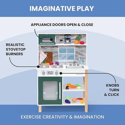 Delta Children Tiny Chef Play Kitchen - Toy Kitchen Playset with Realistic Knobs That Turn/Click, Oven, Sink, Microwave and 15 Pieces of Play Food, Green