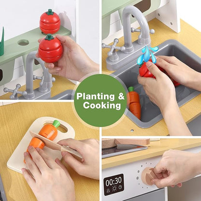 Bophy Wooden Farm & Kitchen Playset, Kids Play Kitchen with Cookware Accessories, Wooden Chef Pretend Play Set with Ice Maker, Chalkboard, Planter Area