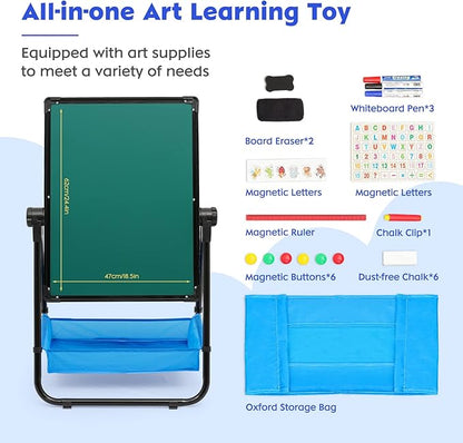 Kids Standing Easel 29.5inch-44inch Height Adjustable 360°Rotating Whiteboard&Chalkboard Double Sided Easel for Kids