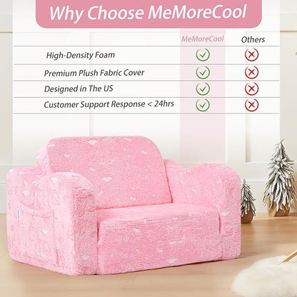 MeMoreCool Glow-in-The-Dark Unicorn Kids Couch – Soft Plush Folding Toddler Chair and Fold-Out Recliner for Boys and Girls